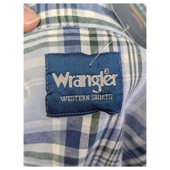 Wrangler Plaid Pearl Snap Western Shirt Blue Green Cowboy Ranchwear | Size Large - Picture 7 of 7